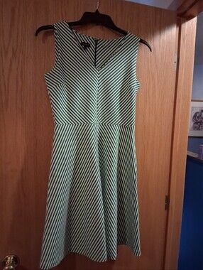 Talbots Fit & Flare  sleeveless Dress.  V-neckline.chevron-style diagonal stripe